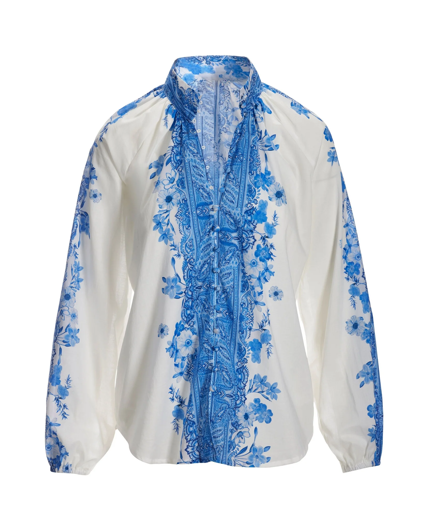 Wildflower Blues Print Balloon-Sleeve Peasant Shirt Blue - Mycitystee