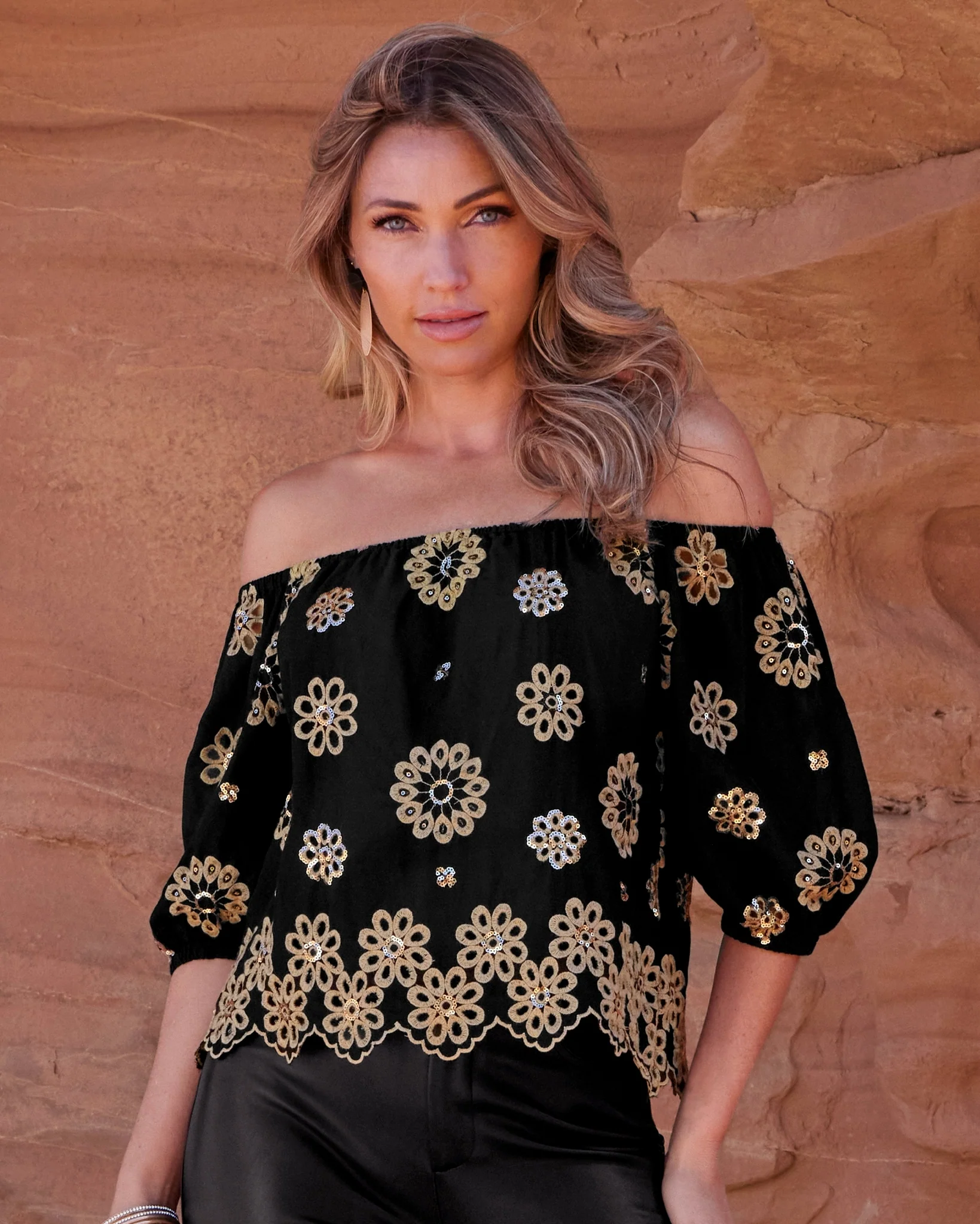 Embroidered Sequin Scallop Hem Blouse Black Multi - Mycitystee