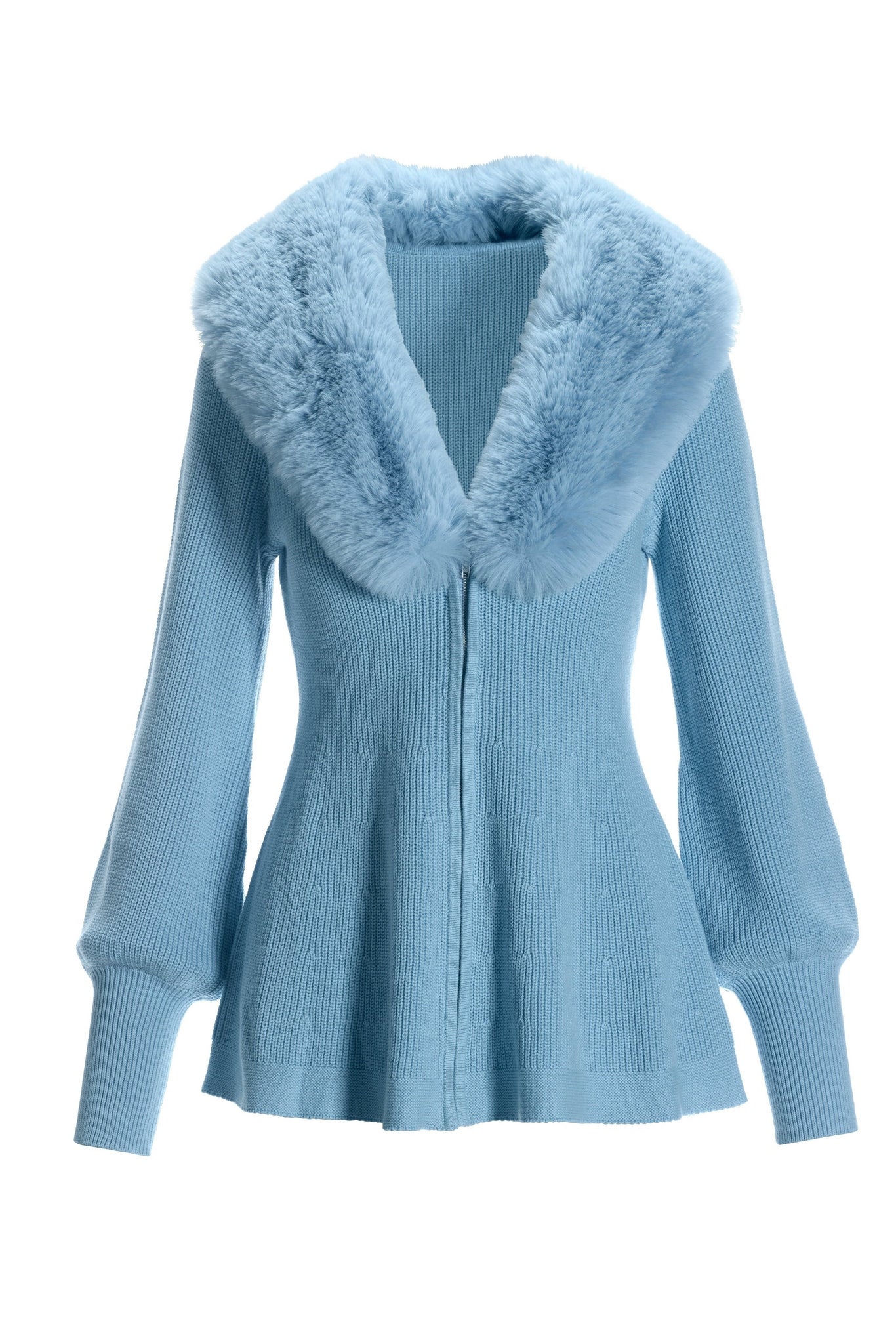 Faux Fur Balloon Sleeve A Line Zip Up Cardigan Airy Blue - Mycitystee