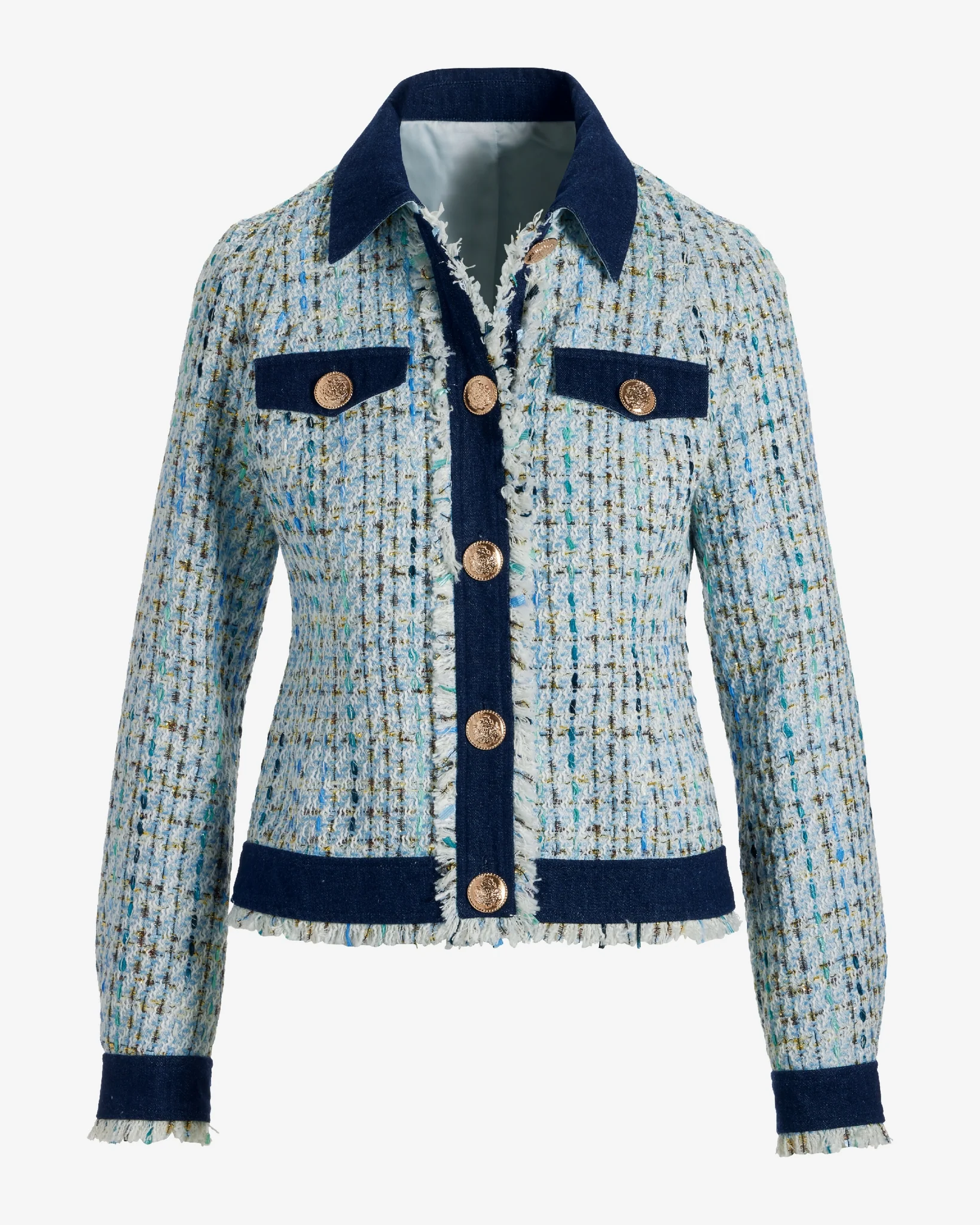 Shimmer Tweed Denim Trim Jacket Light Blue Multi - Mycitystee