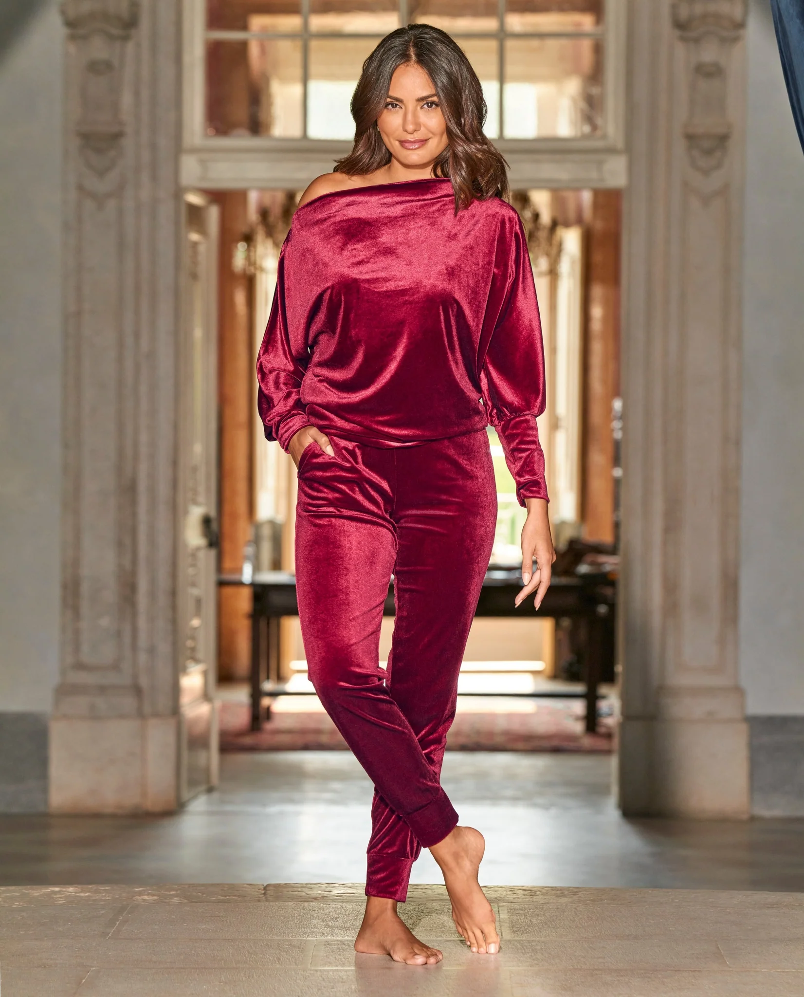 Slouchy Velour Top & Jogger Set Burgundy - Mycitystee