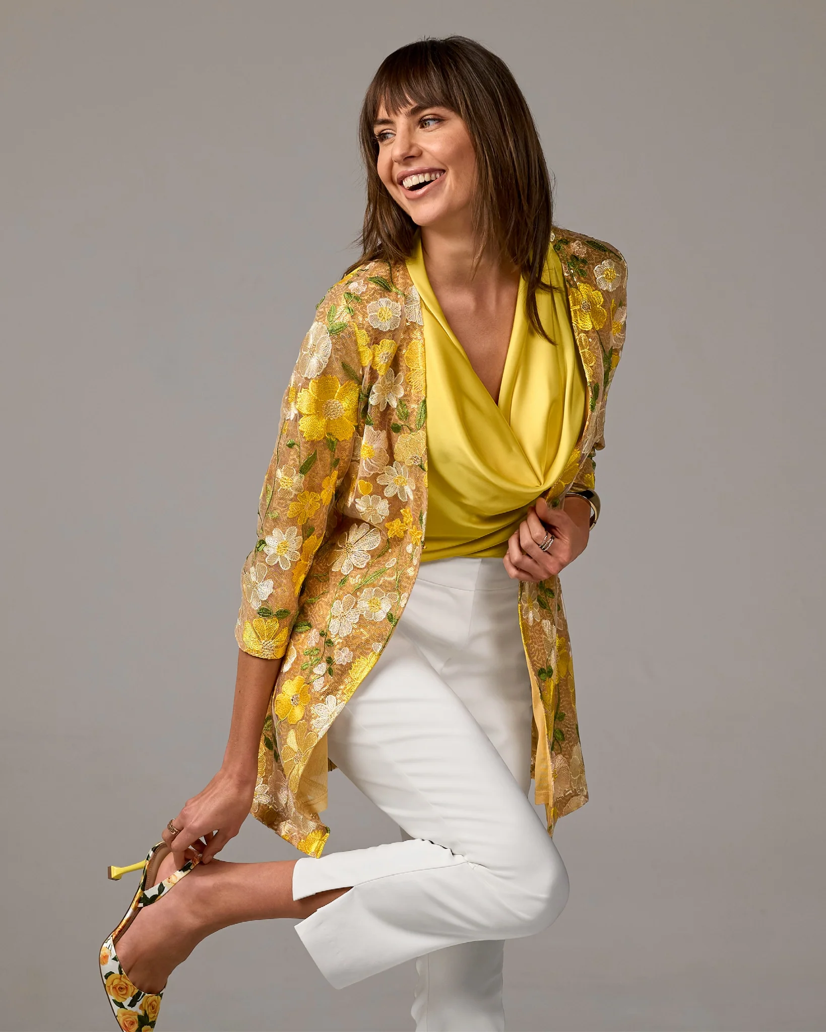 Sequin Embroidered Mesh Hip Length Duster Yellow Multi - Mycitystee