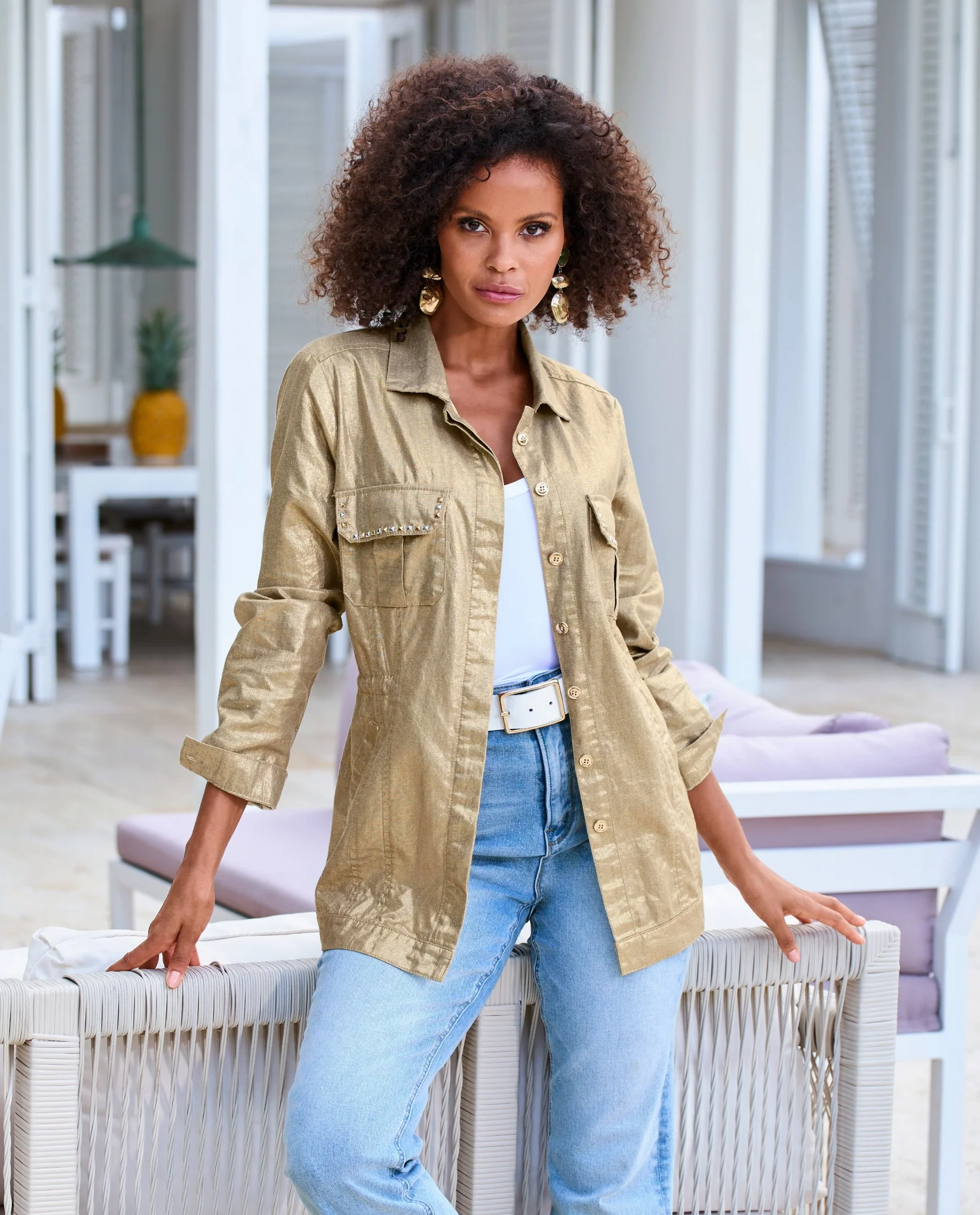 Metallic Brushed Linen Utility Jacket Gold - Mycitystee