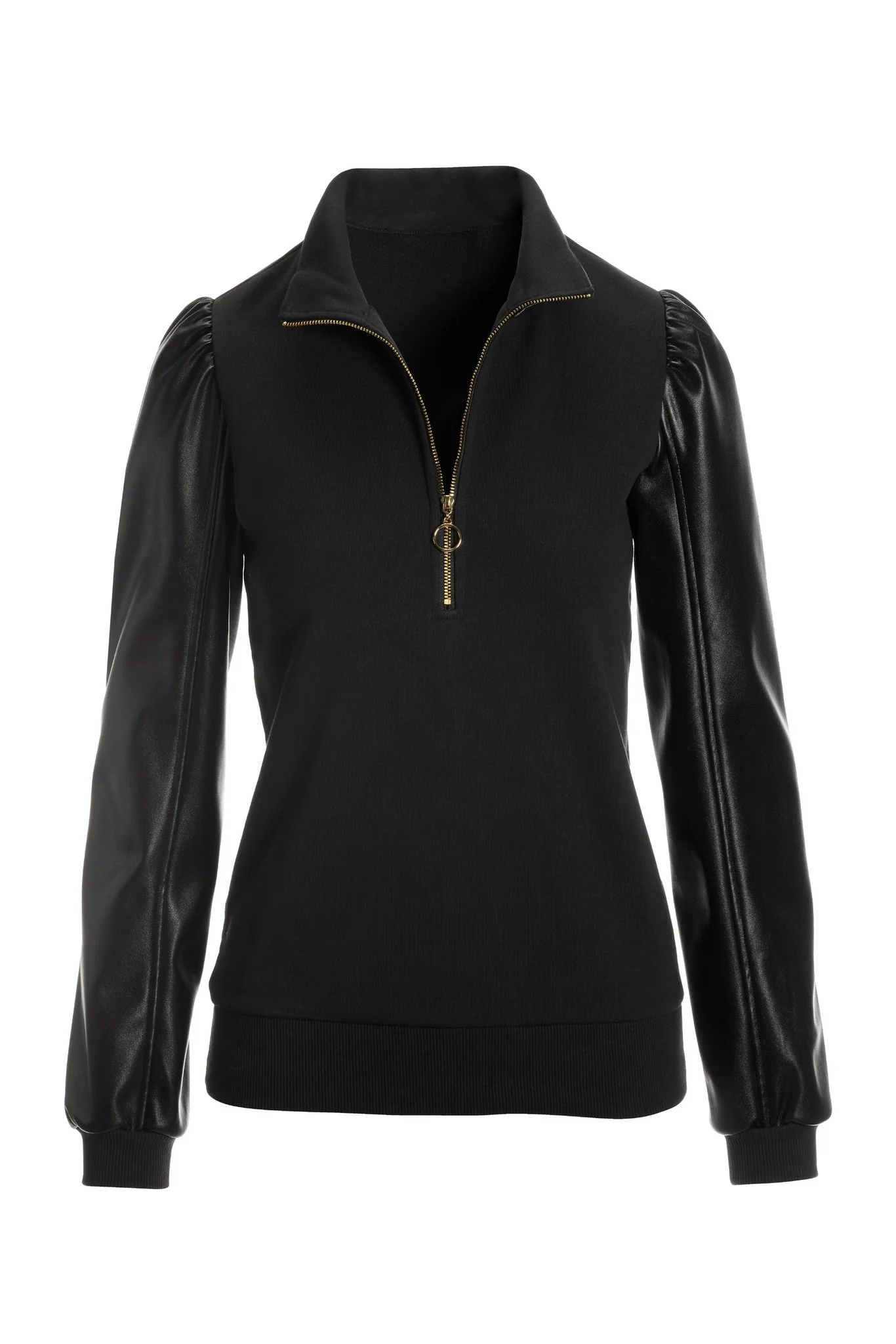Faux Leather Sleeve Sweatshirt Black - Mycitystee