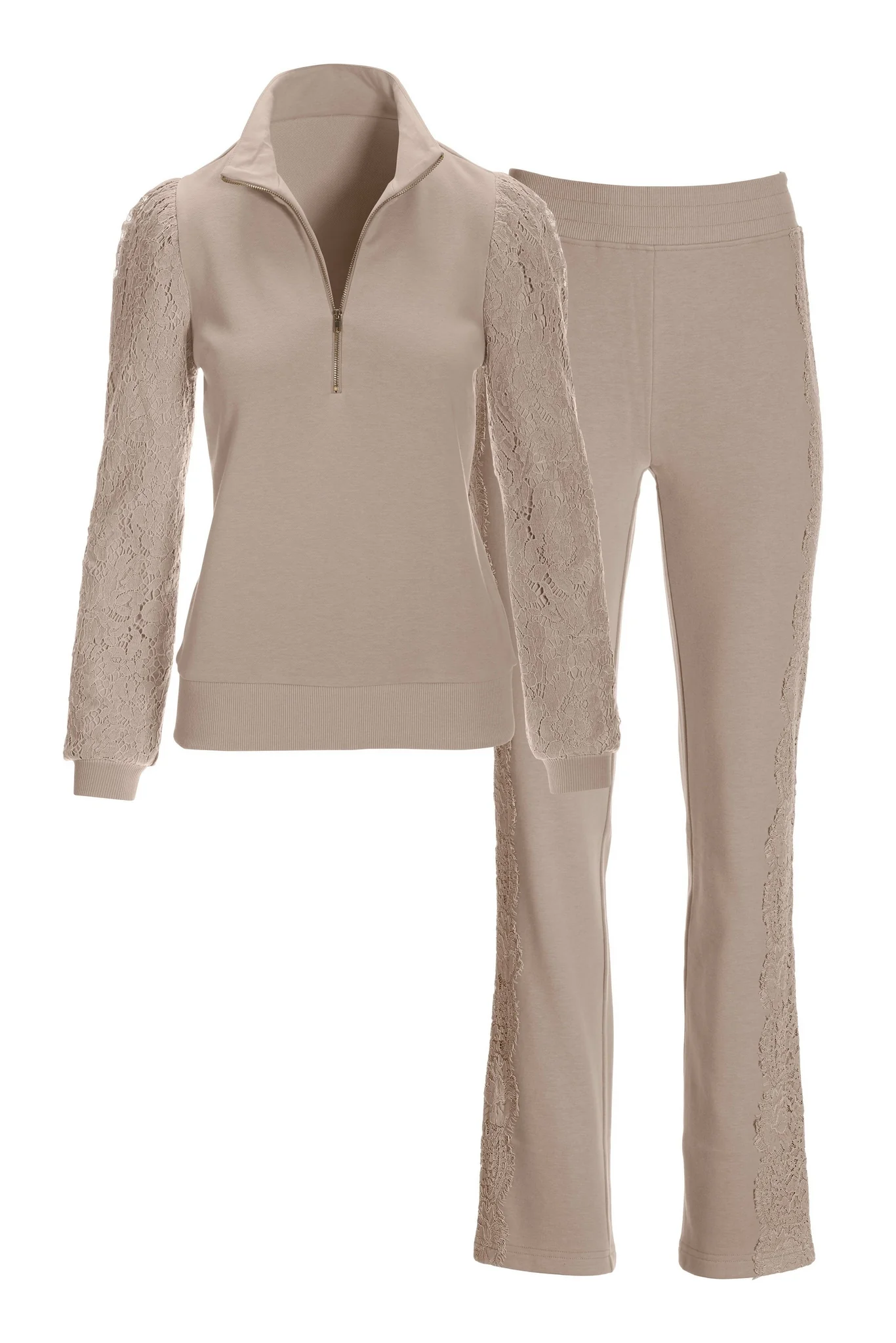 Lace Puff-Sleeve French Terry Set Taupe - Mycitystee