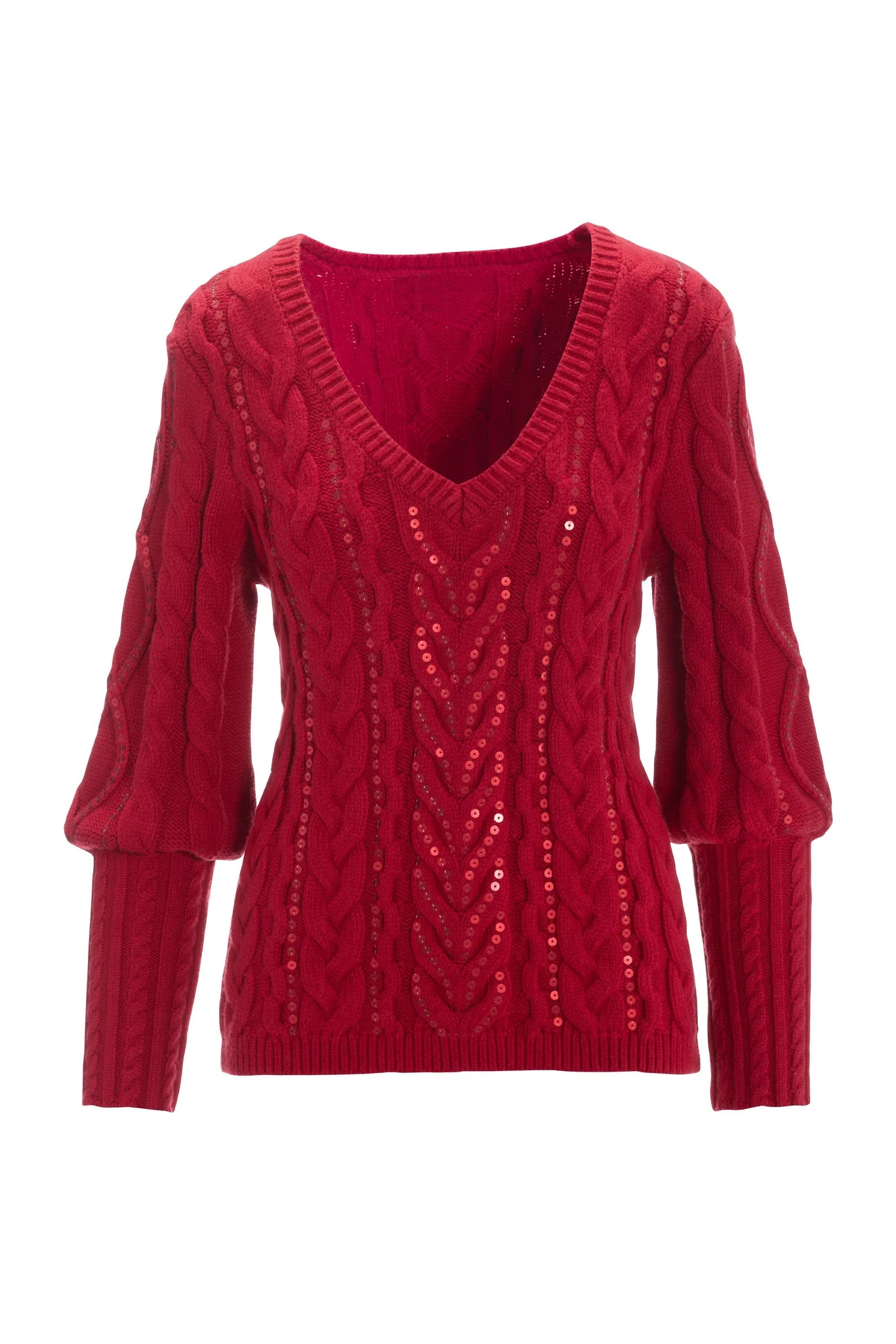 Sequin Cable V-Neck Sweater Red - Mycitystee