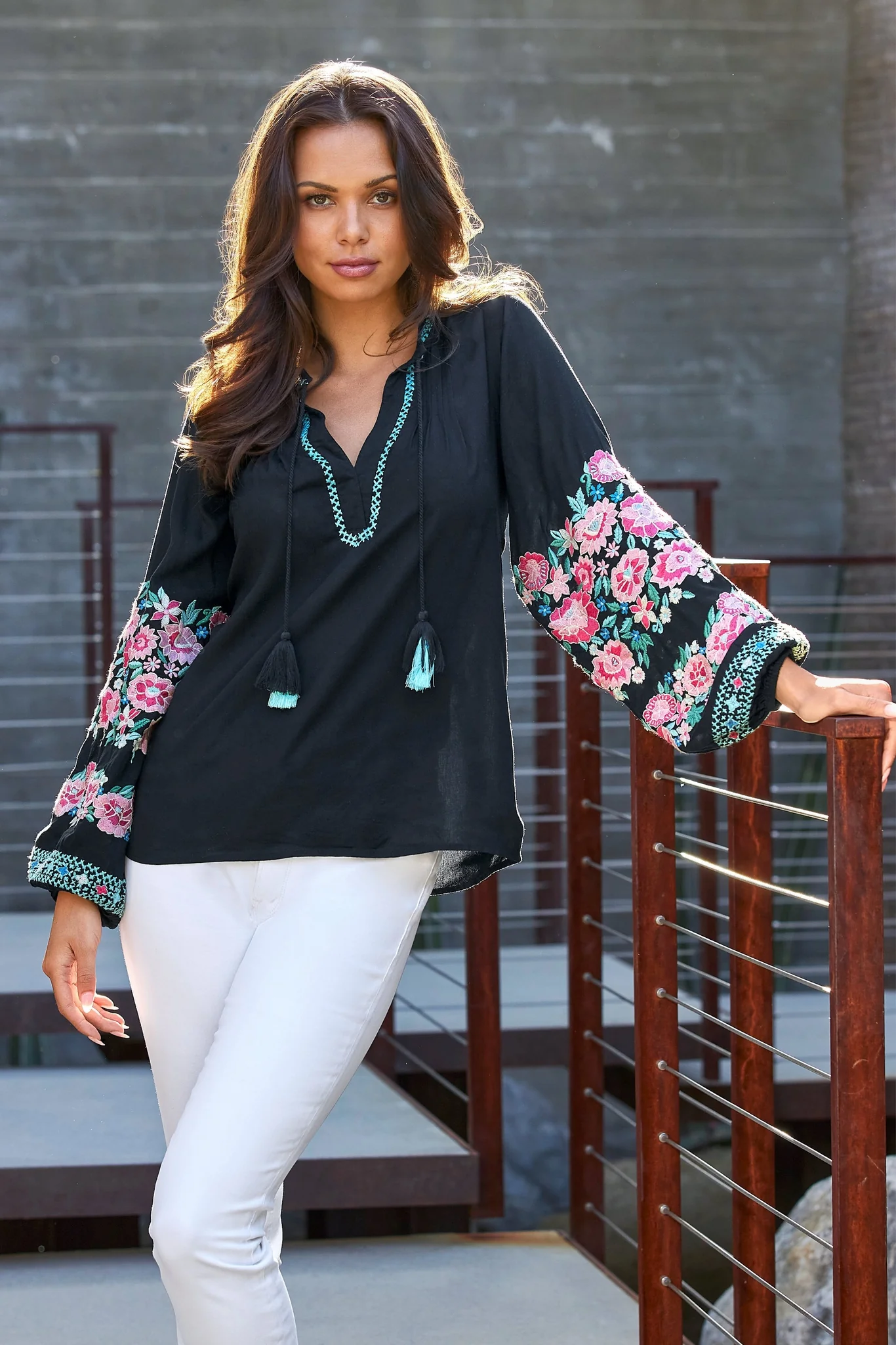 Embroidered Balloon Sleeve V Neck Blouse Black Multi - Mycitystee