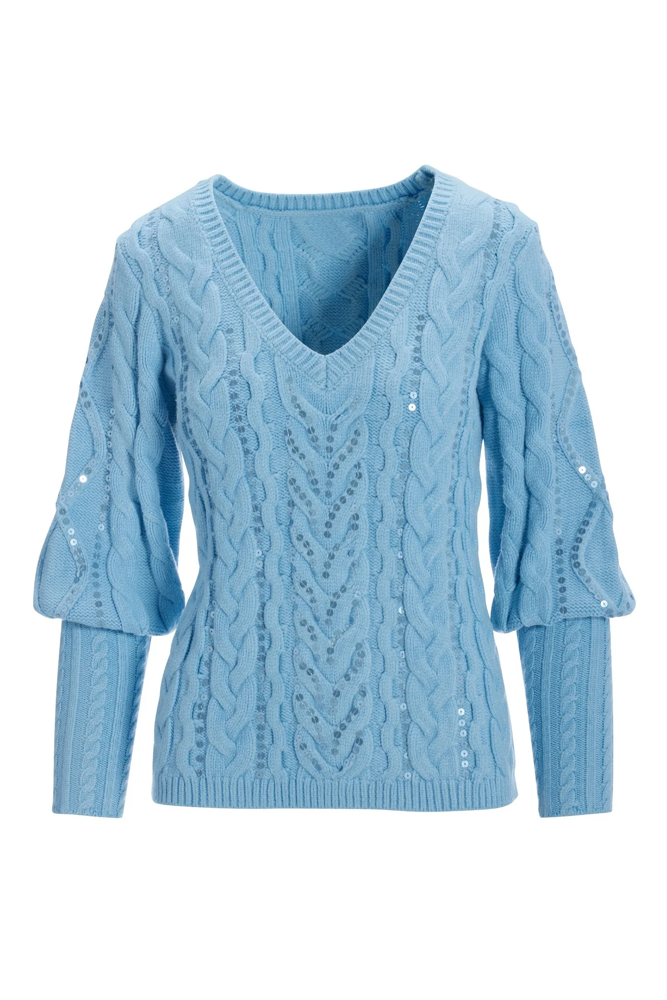 Sequin Cable V-Neck Sweater Airy Blue - Mycitystee