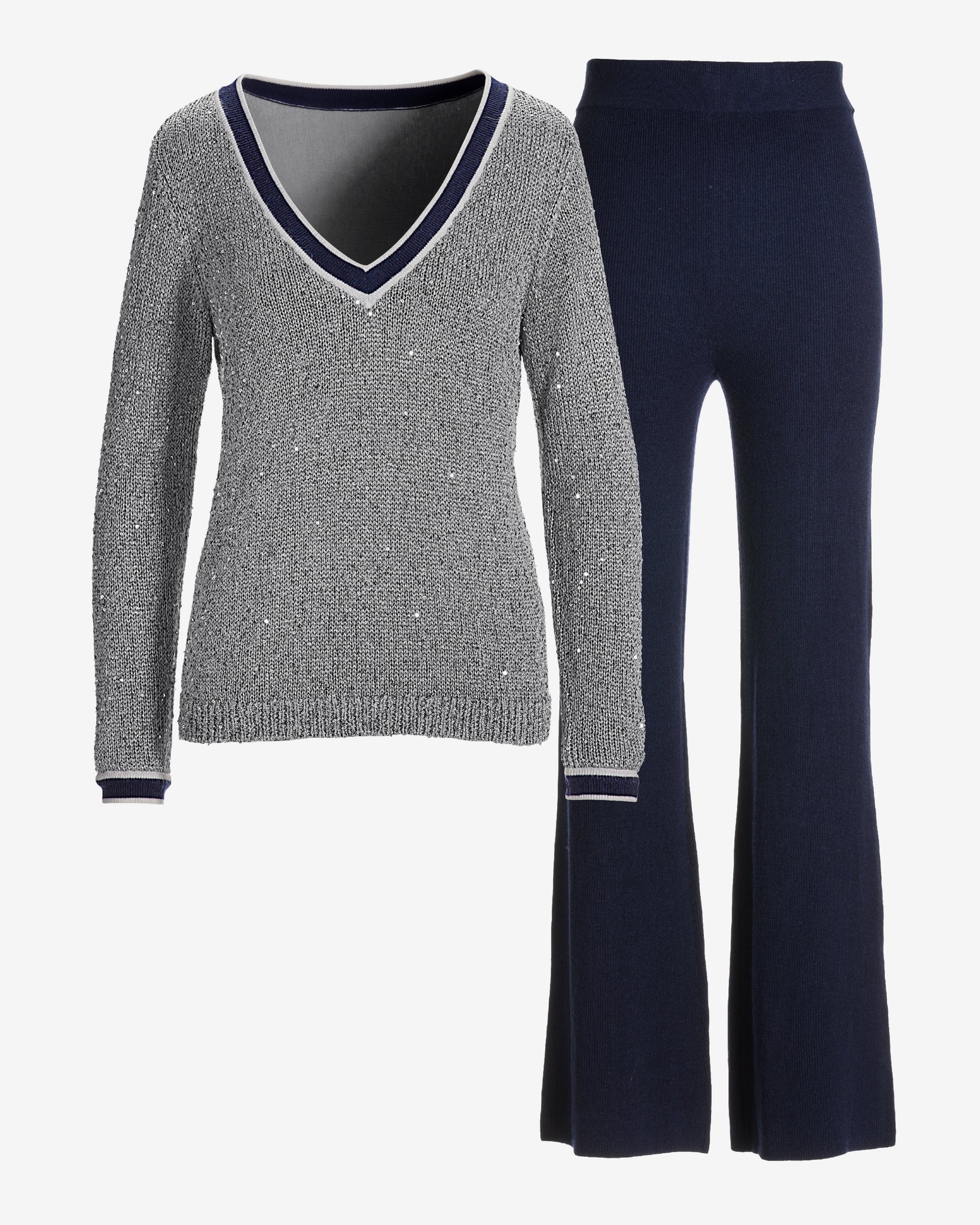 Sequin Stripe V Neck Sweater Set Silver - Mycitystee