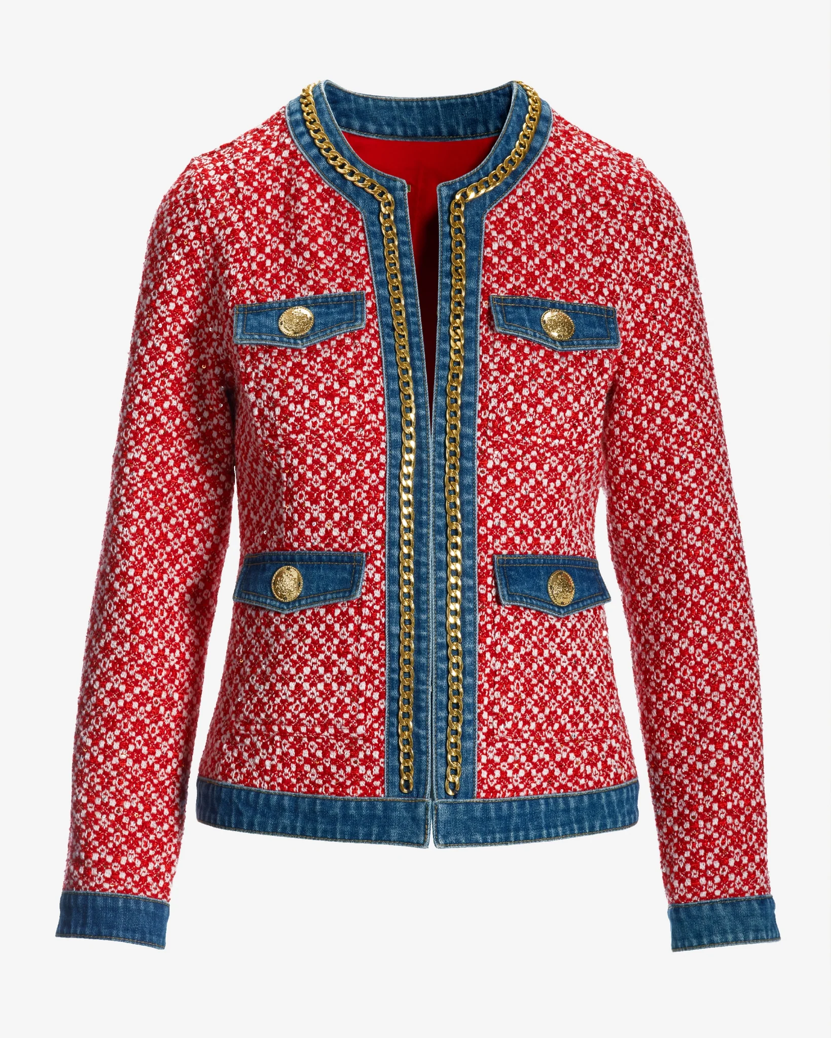 Tweed Denim and Chain Trim Jacket Red Multi - Mycitystee