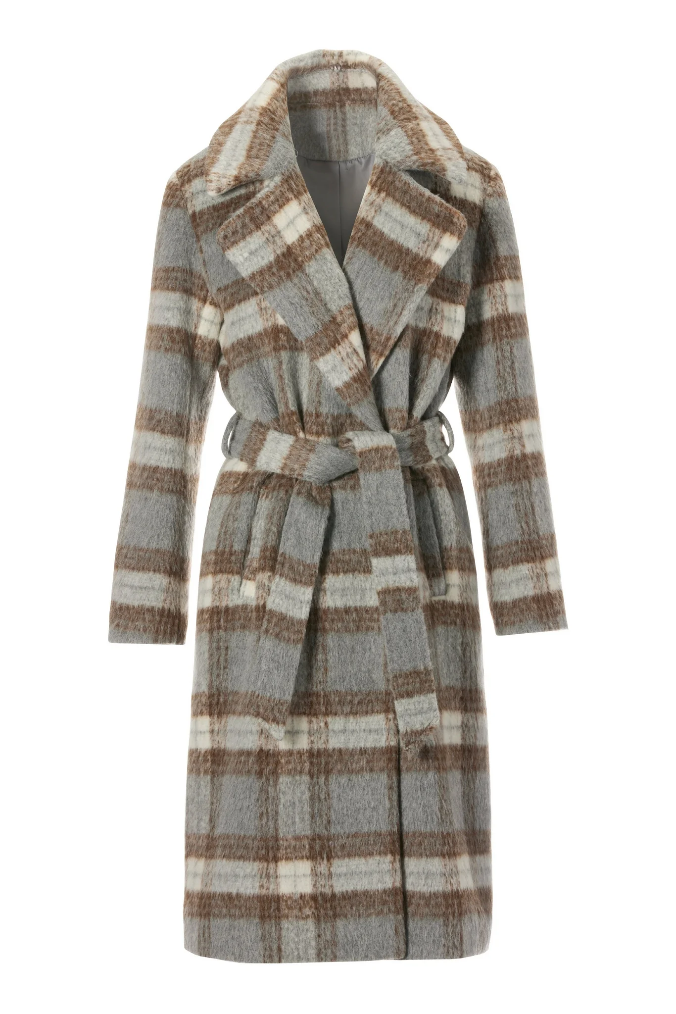 Faux Fur Trim Plaid Coat Gray Multi - Mycitystee