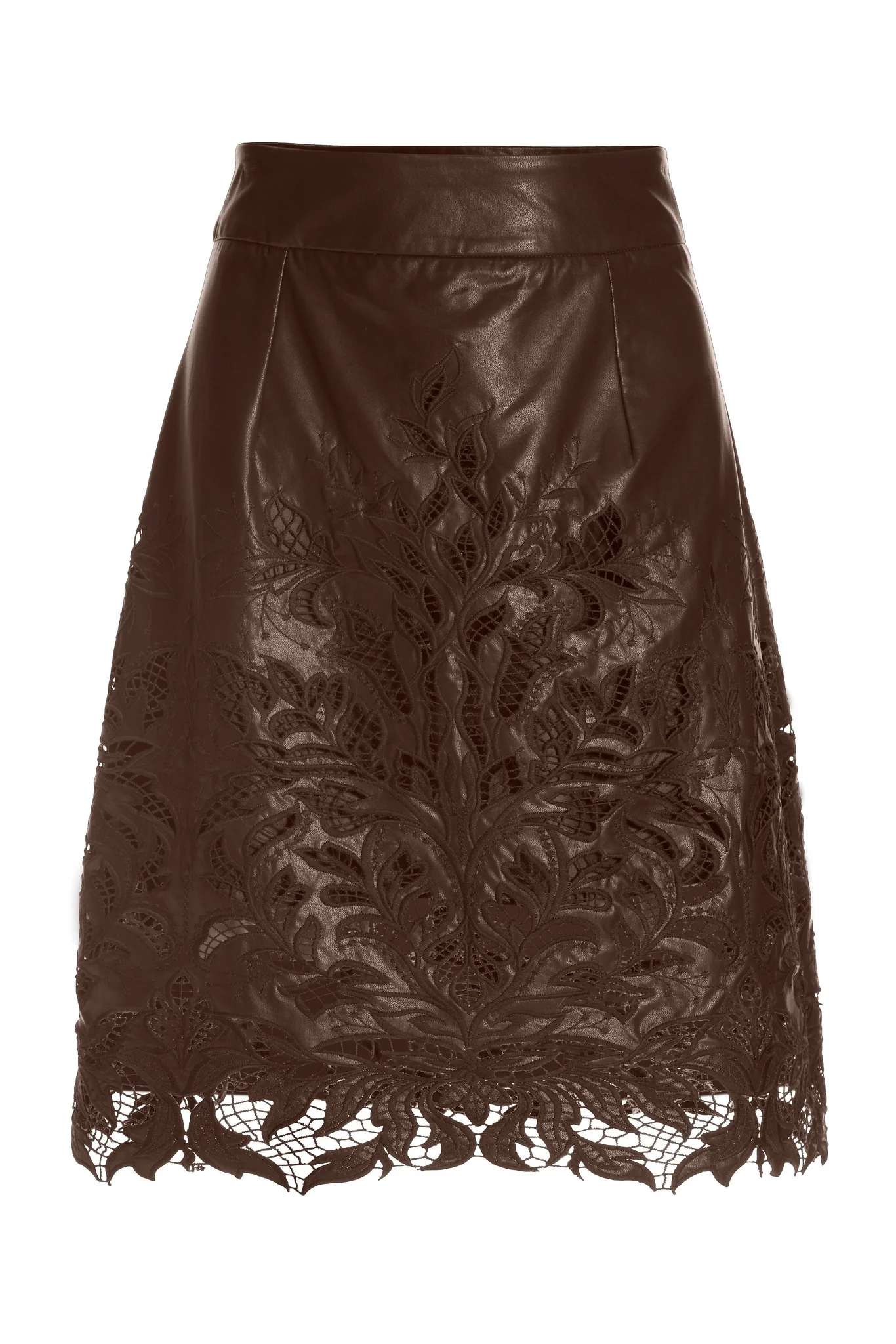 Embroidered Faux Leather and Lace Cut Out Skirt Chocolate - Mycitystee
