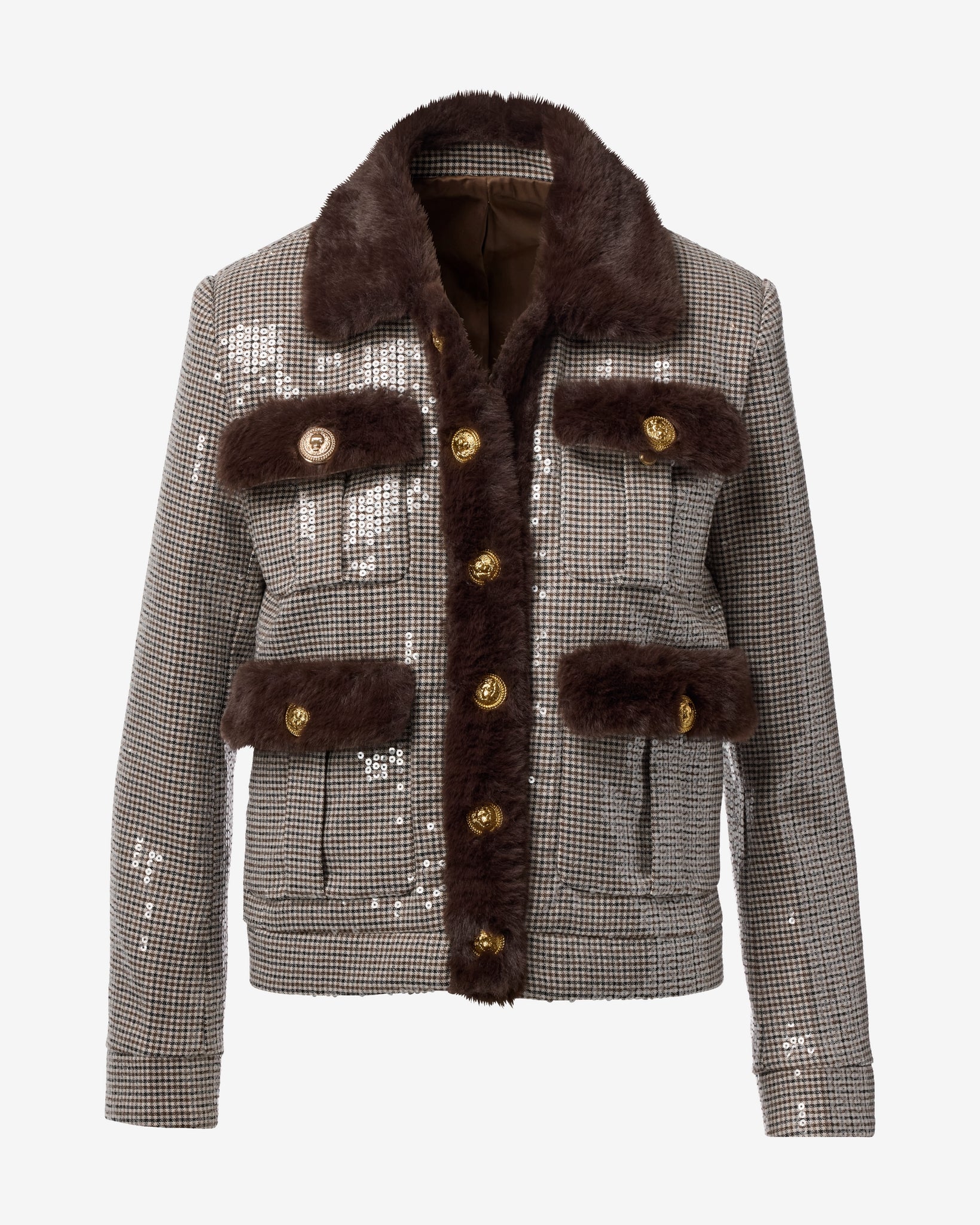 Sequin Plaid Faux Fur Trim Jacket Brown Multi - Mycitystee