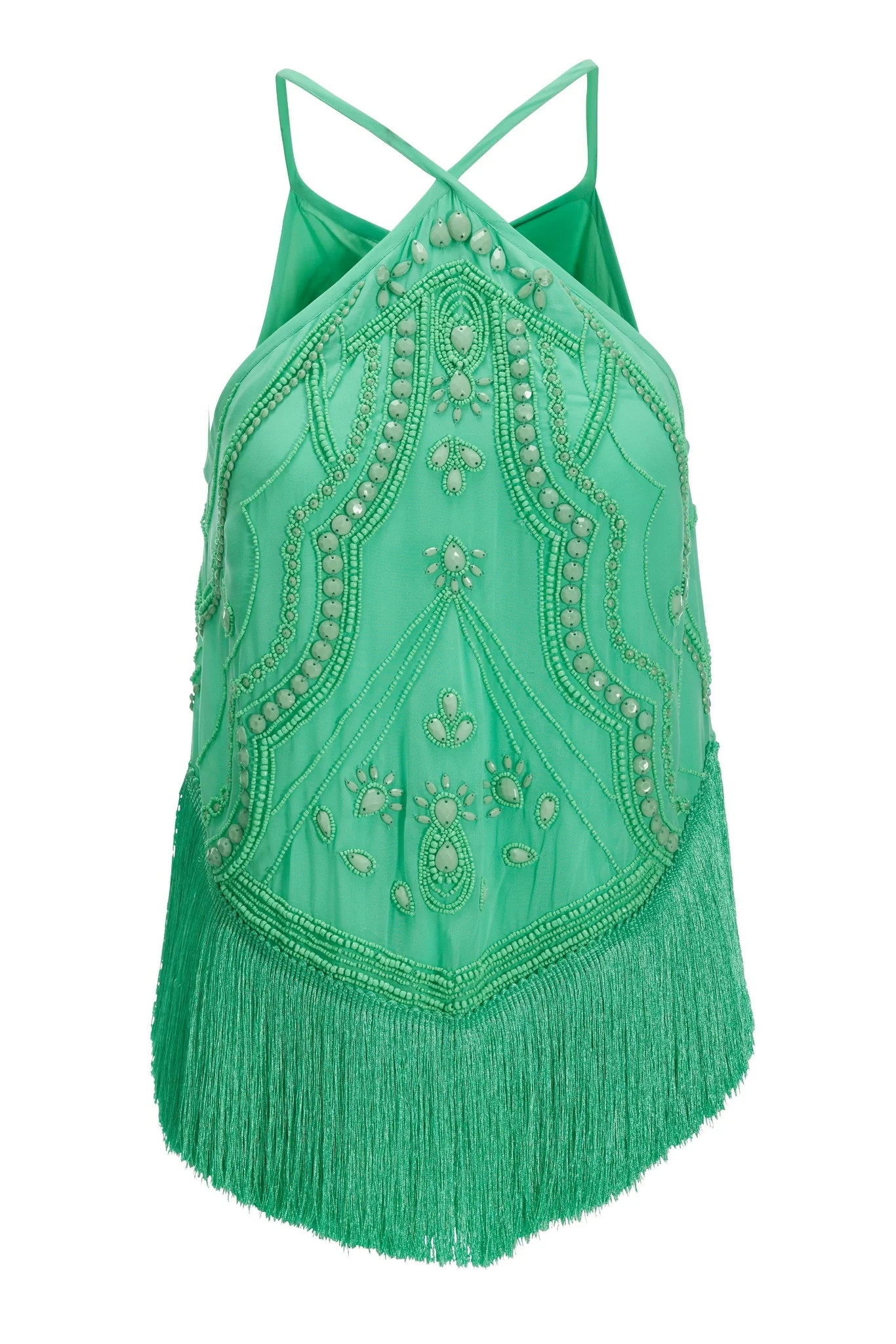 Hand Beaded Fringe Halter Top Juniper - Mycitystee