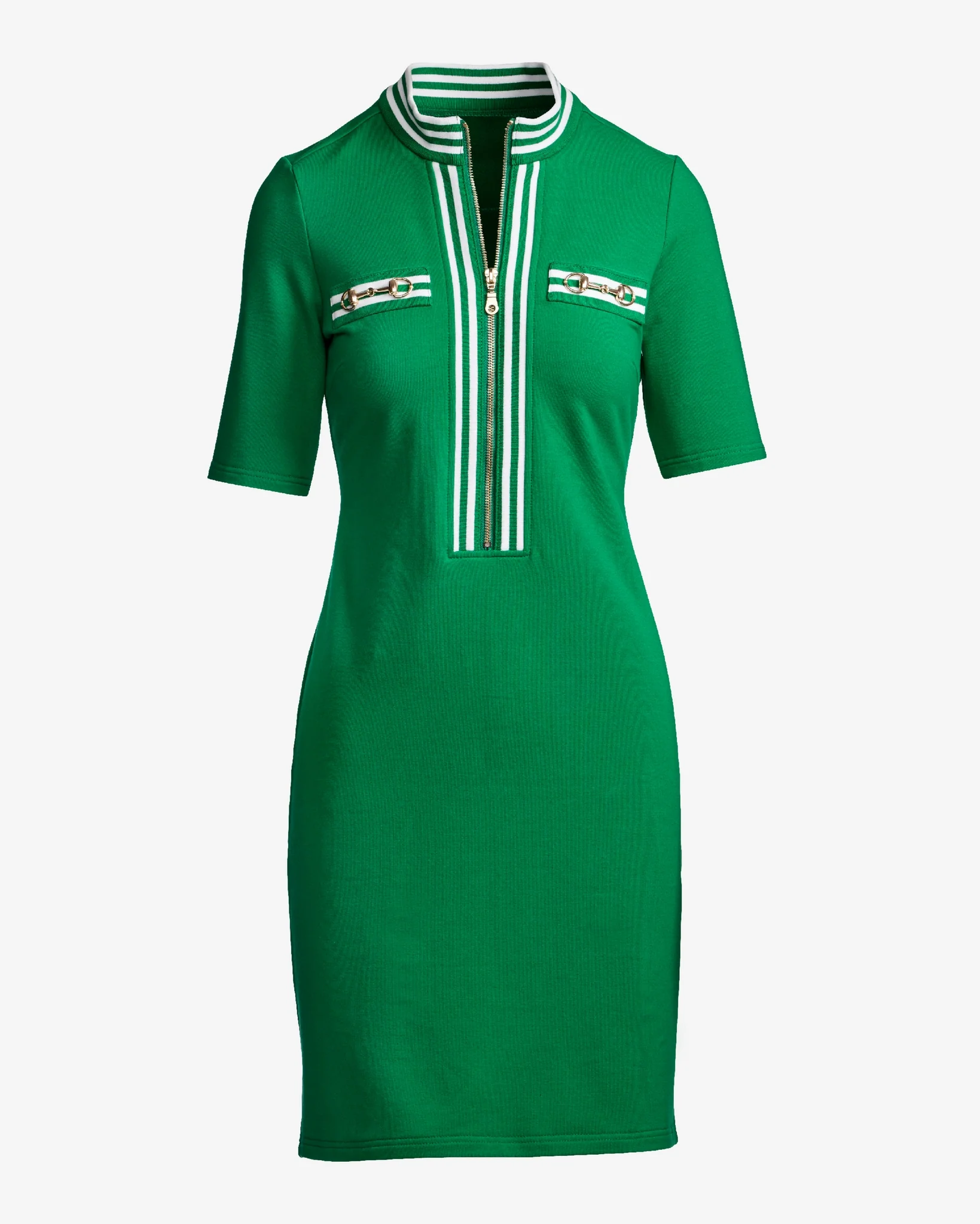 Striped French Terry Hardware Zipper Dress Green/White - Mycitystee