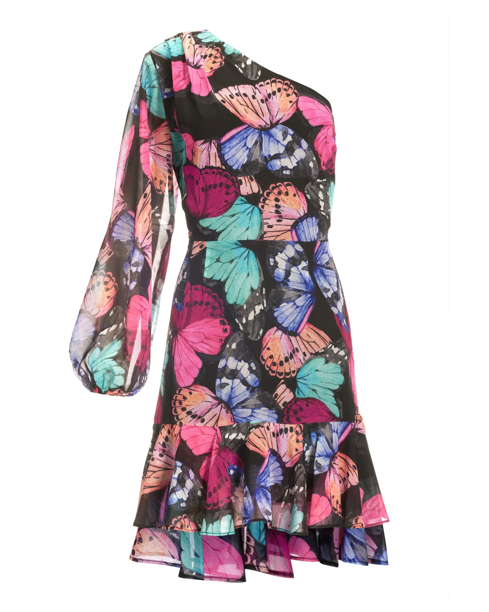 One Shoulder Butterfly Print Dress Black Multi - Mycitystee
