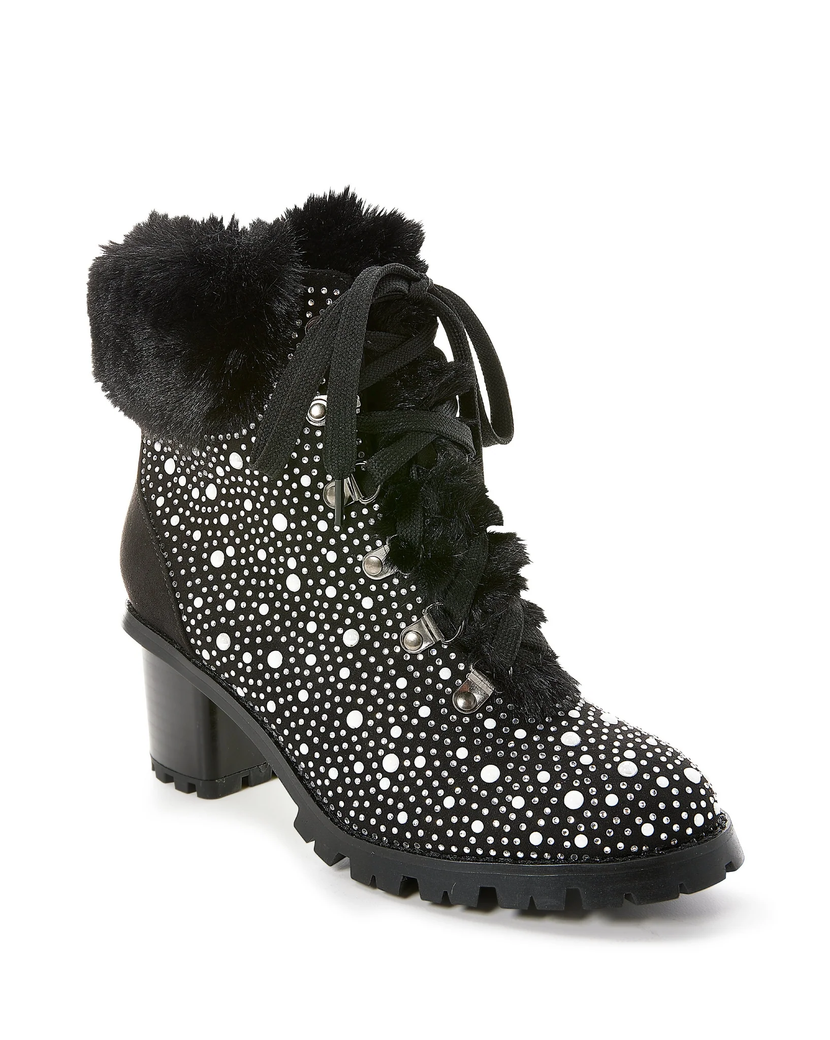 Pearl and Rhinestone Fur Heeled Bootie Black - Mycitystee