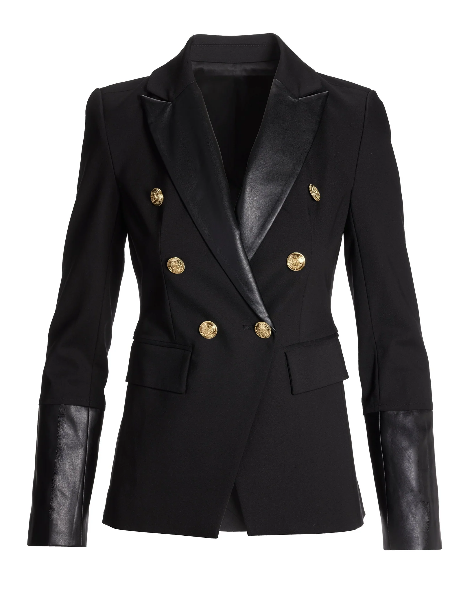 Leather Detailed Modern Double-Breasted Blazer Black - Mycitystee