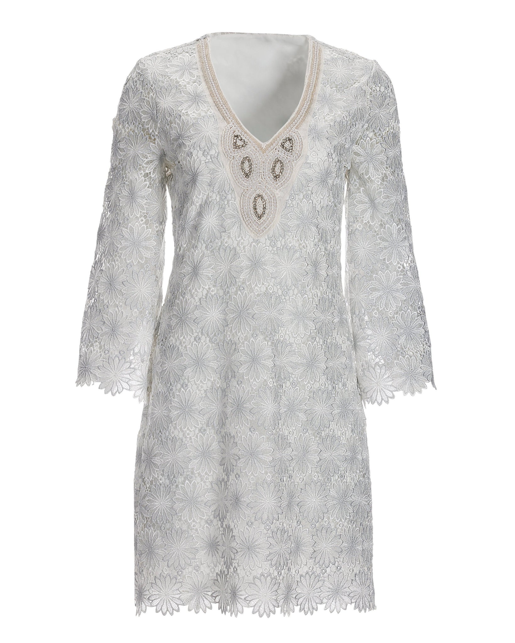 Embellished Metallic Floral Lace Tunic Dress White Silver - Mycitystee