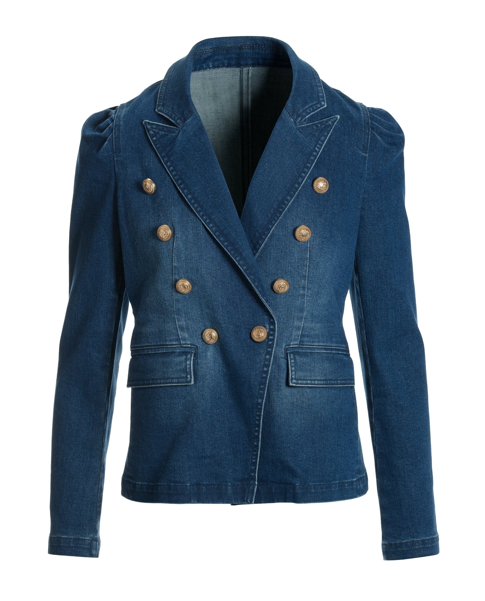Puff-Sleeve Double-Breasted Denim Blazer Dark Wash - Mycitystee