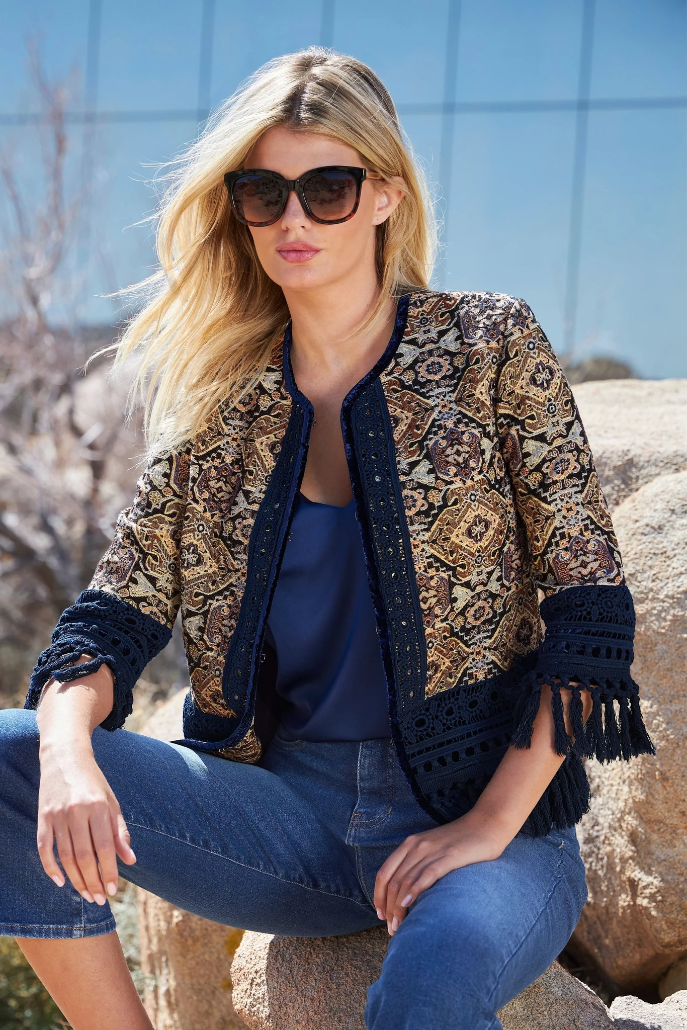 Fringe Tapestry Novelty Jacket Navy Multi - Mycitystee