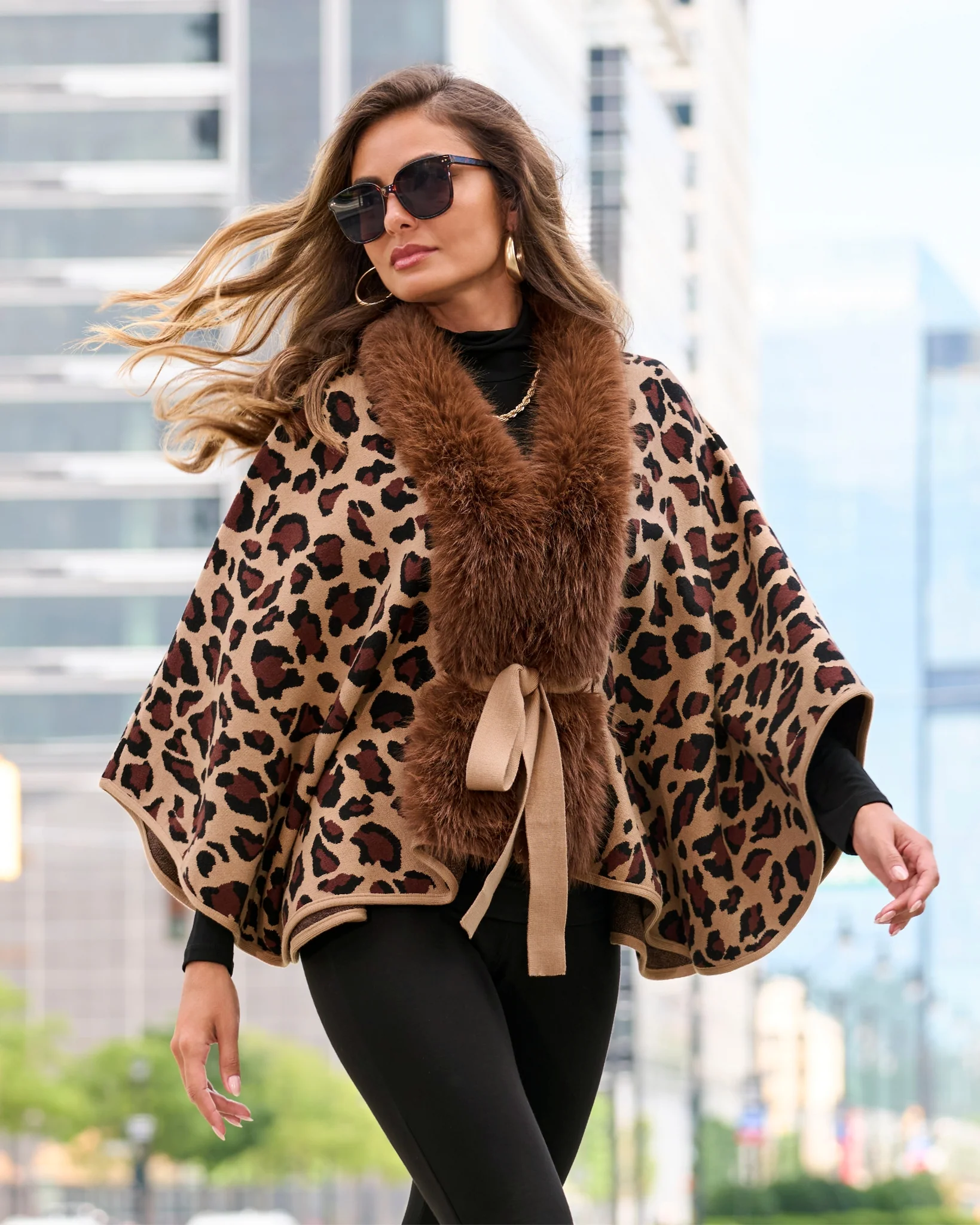Animal Faux Fur Tie Waist Sweater Poncho Brown Multi - Mycitystee