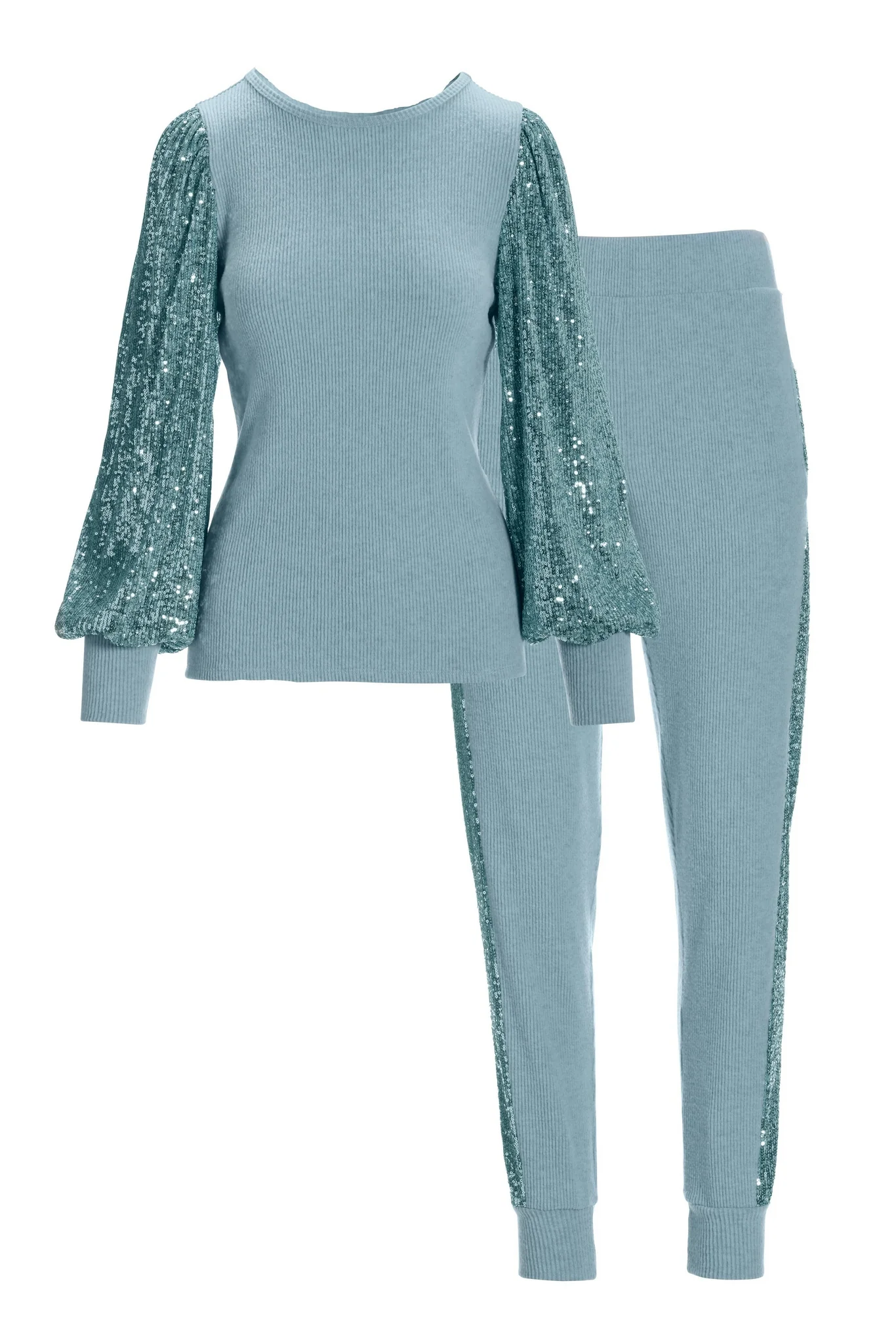 So Soft Sequin Balloon-Sleeve Knit Lounge Set Cool Blue - Mycitystee