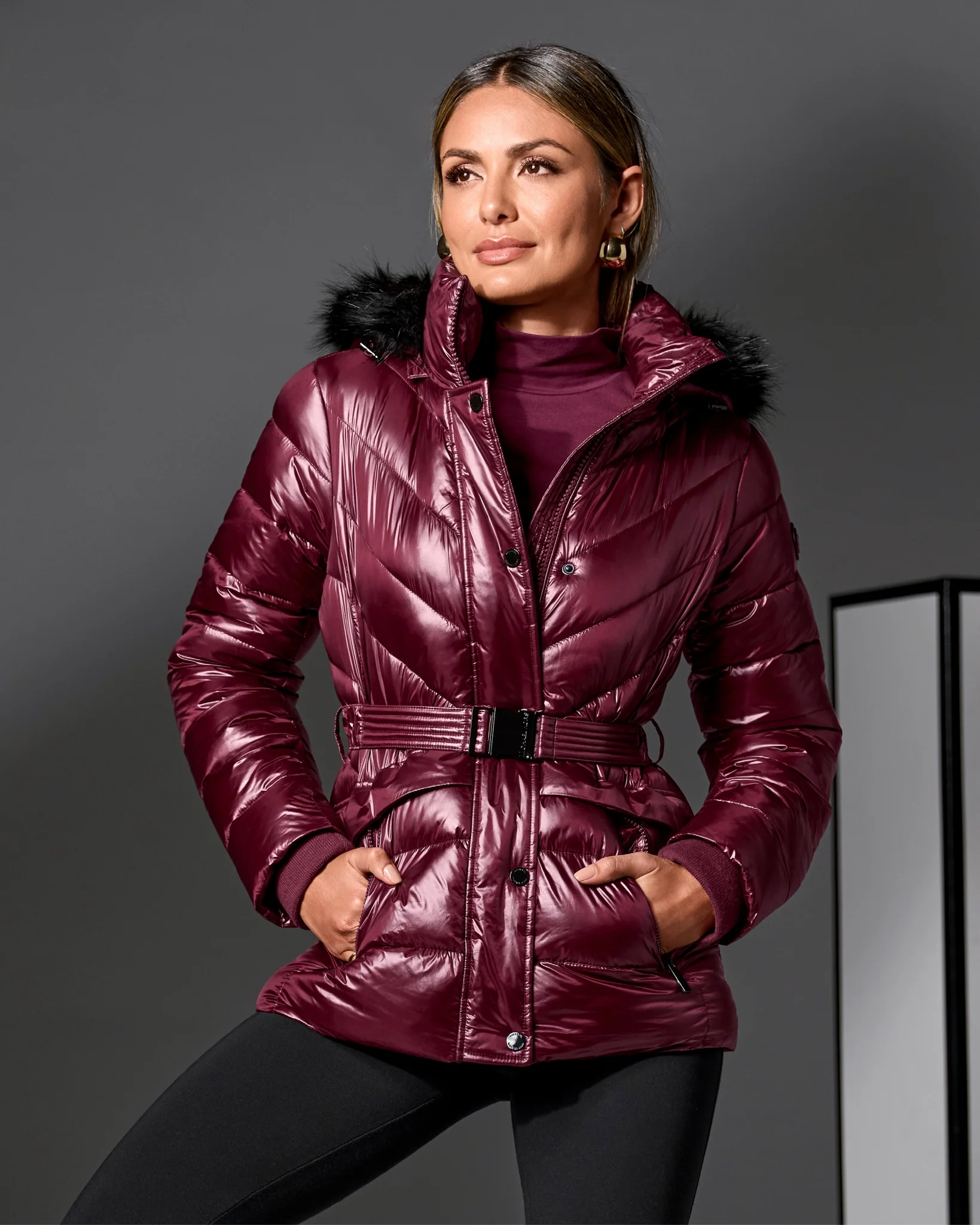 Glossy Finish Faux Fur Trim Hooded Puffer Coat Cabernet - Mycitystee