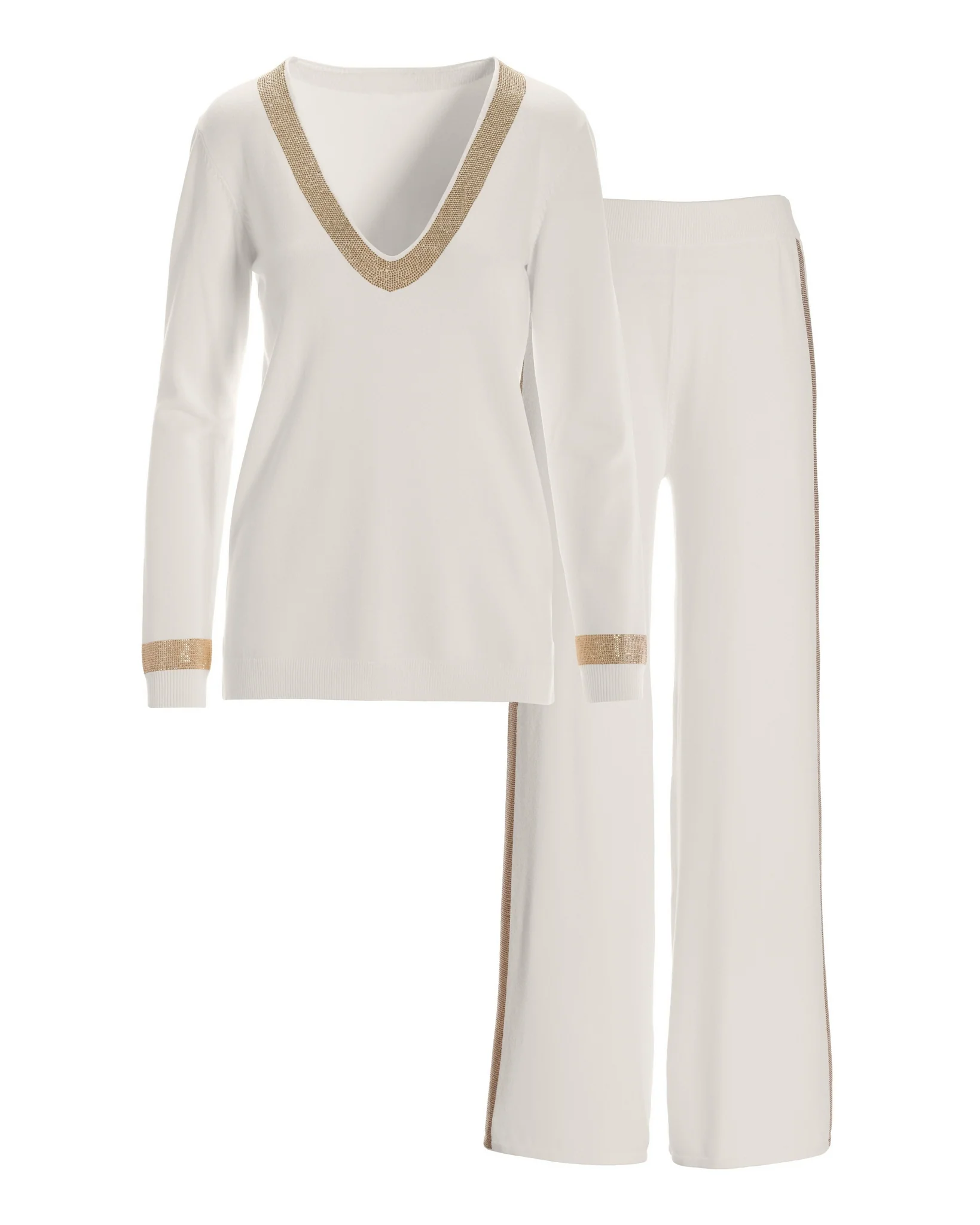 Embellished V Neck Sweater Lounge Set Off White - Mycitystee