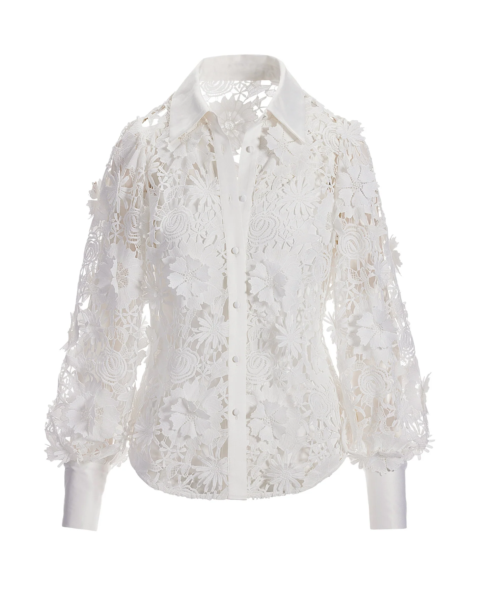 3D Floral Lace Victoria Chic Drama-Sleeve Shirt White - Mycitystee