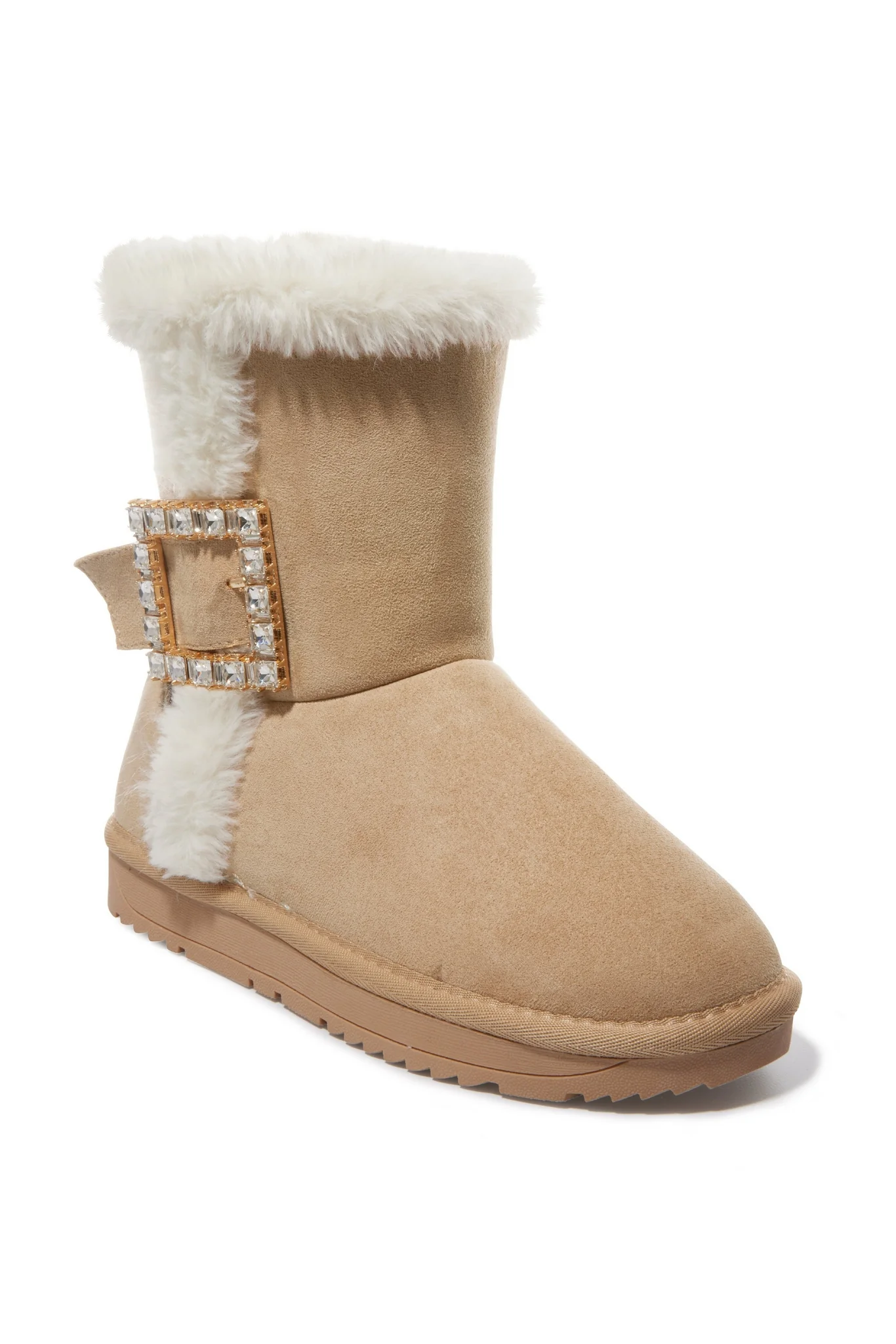 Embellished Buckle Fur Bootie Tan - Mycitystee