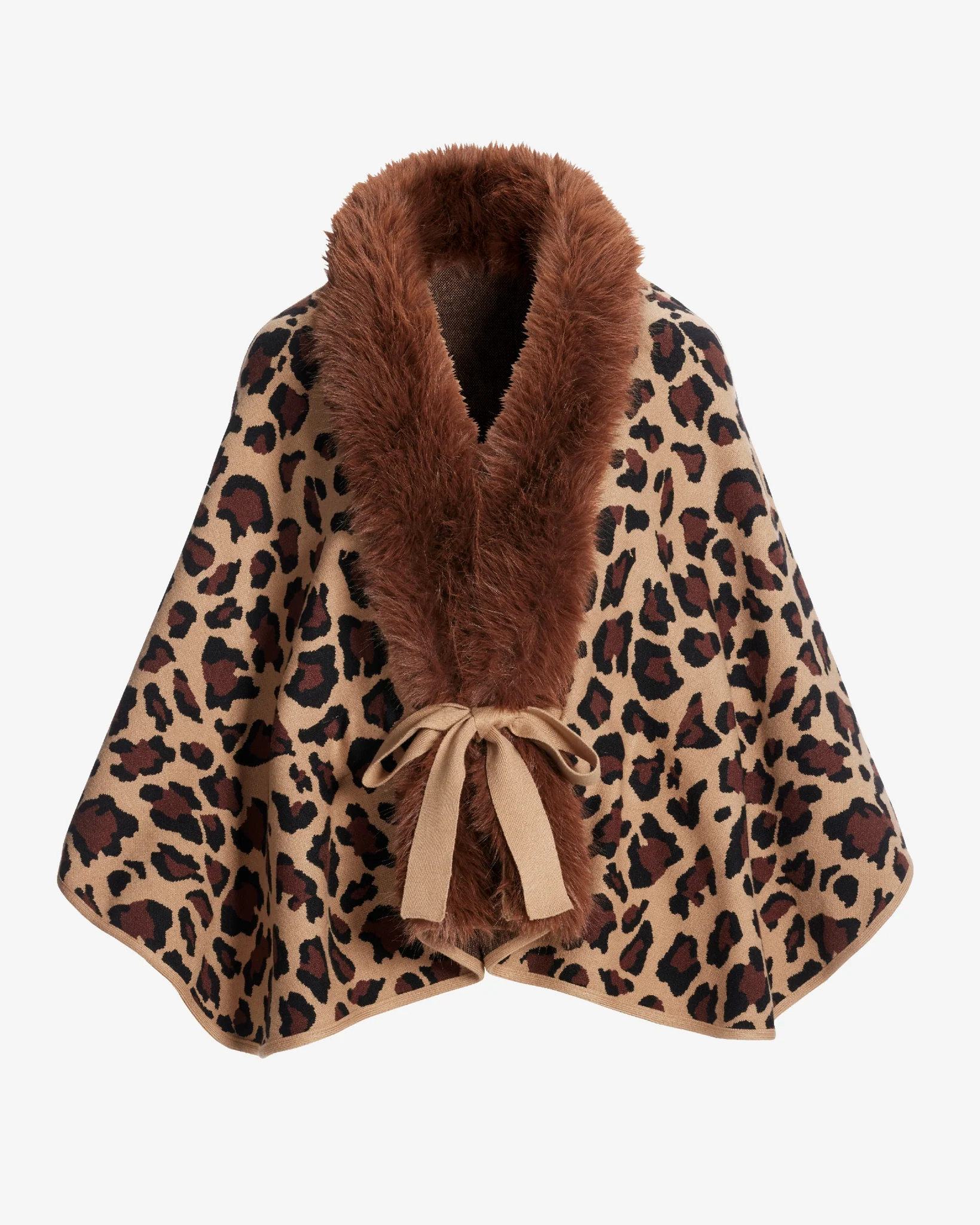 Animal Faux Fur Tie Waist Sweater Poncho Brown Multi - Mycitystee