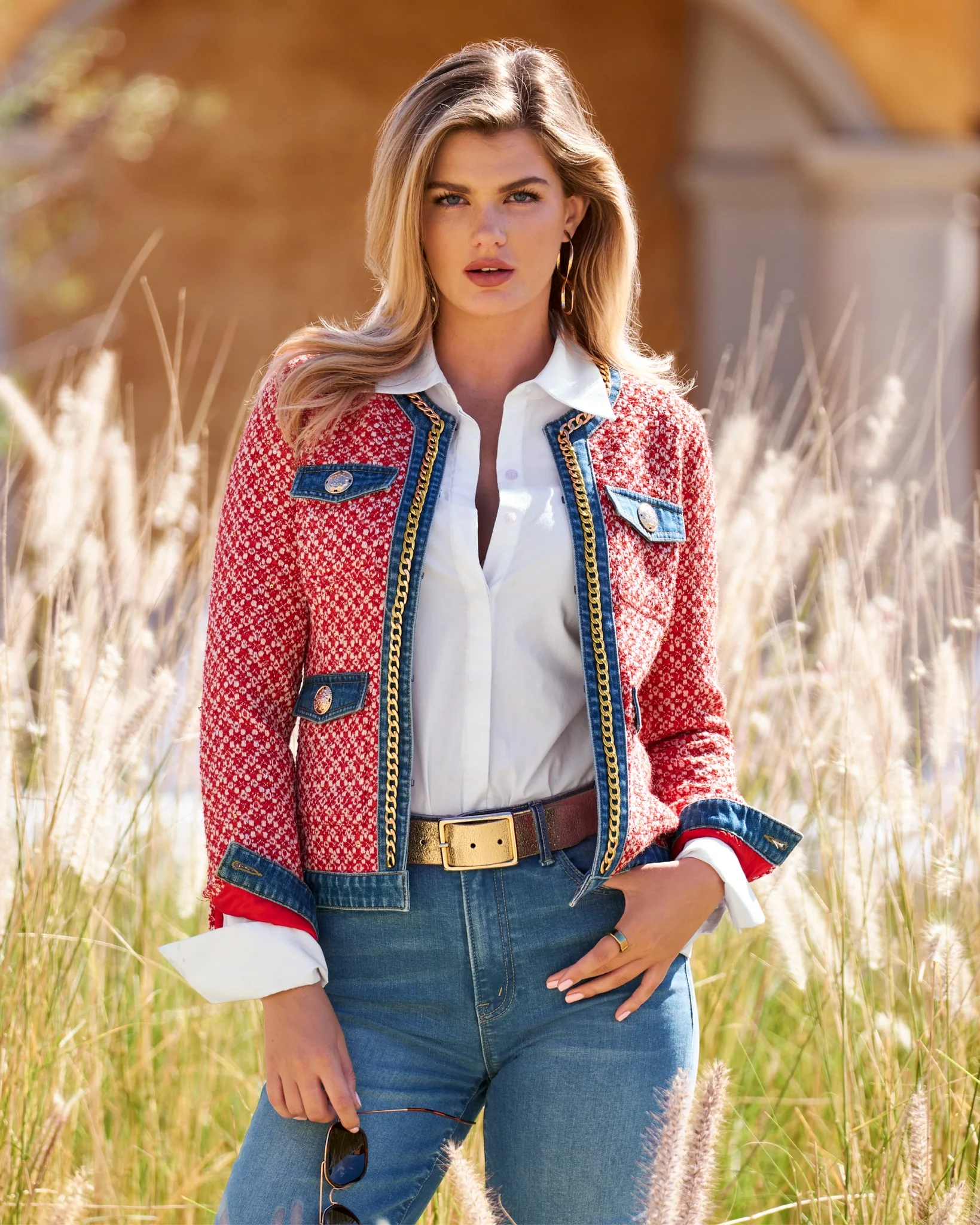 Tweed Denim and Chain Trim Jacket Red Multi - Mycitystee