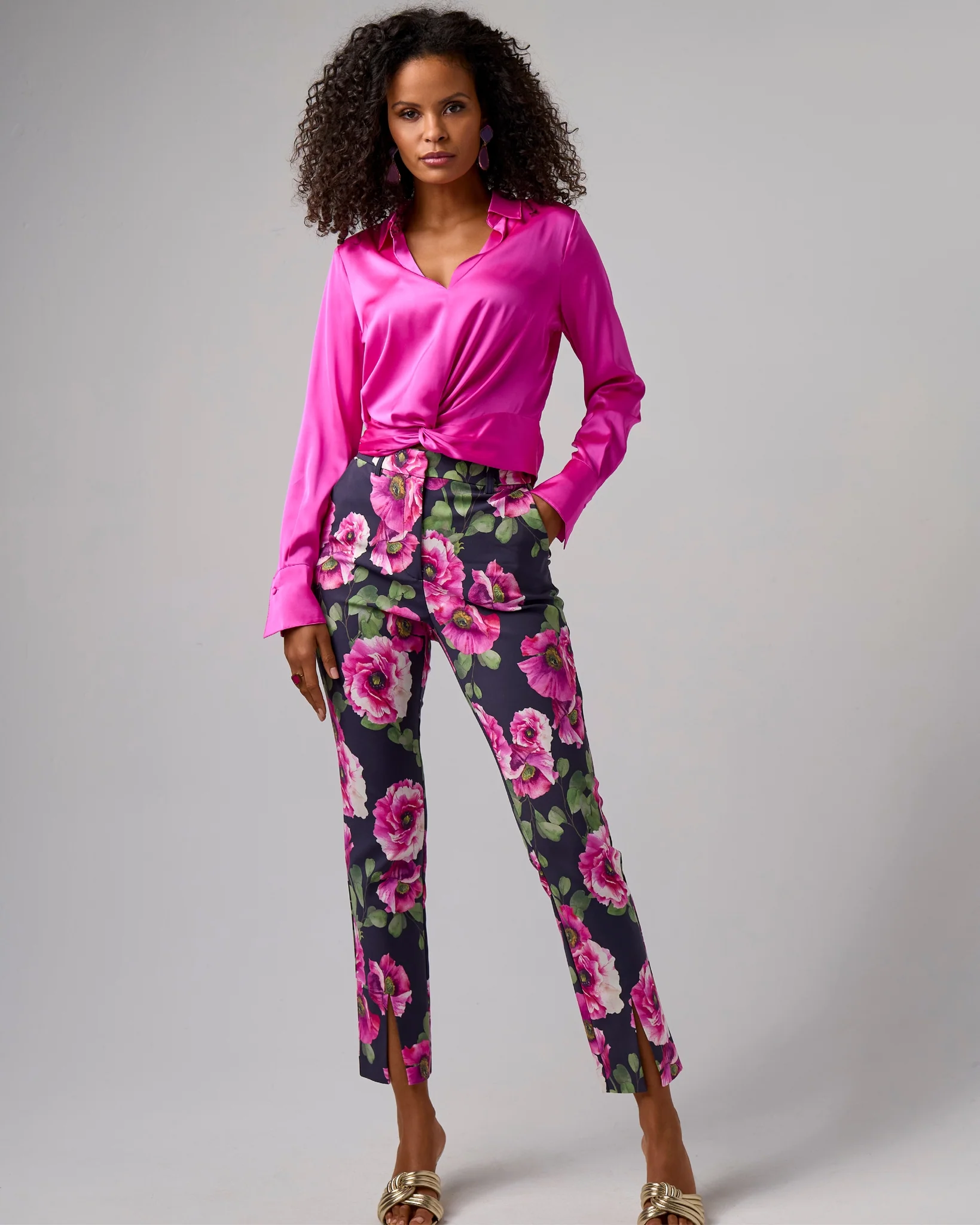 Newport Modern Slim Straight Leg Slit Front Print Trouser Pant Proper Poppies - Mycitystee