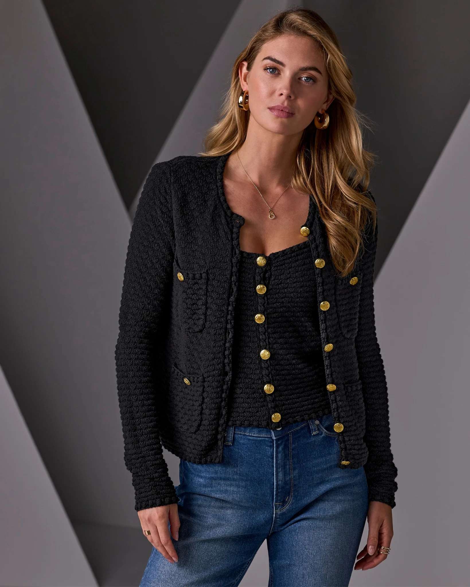Button Detail Pocket Sweater Cardigan Black - Mycitystee