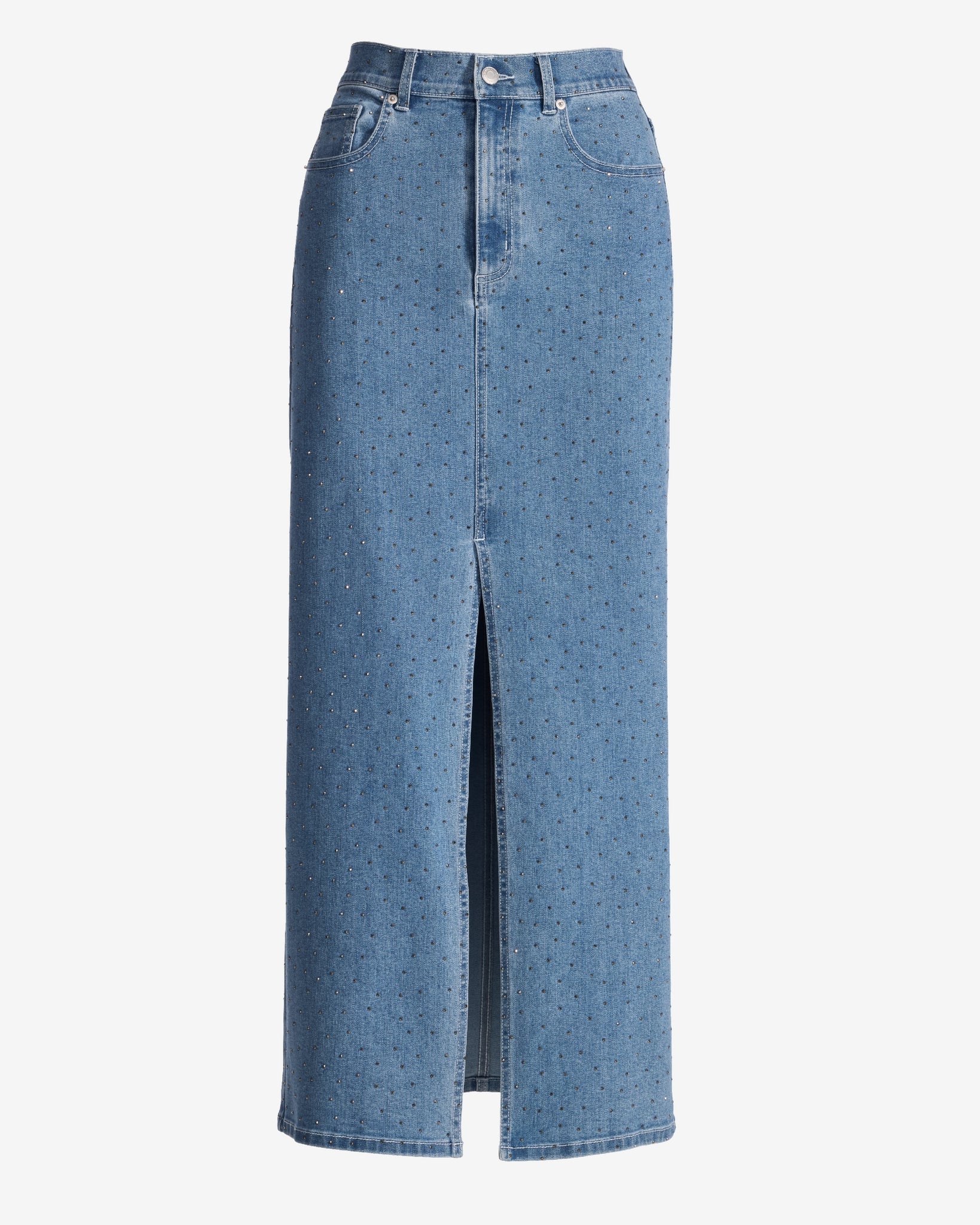 Front Slit Heat Set Midi Denim Skirt Light Med Wash - Mycitystee