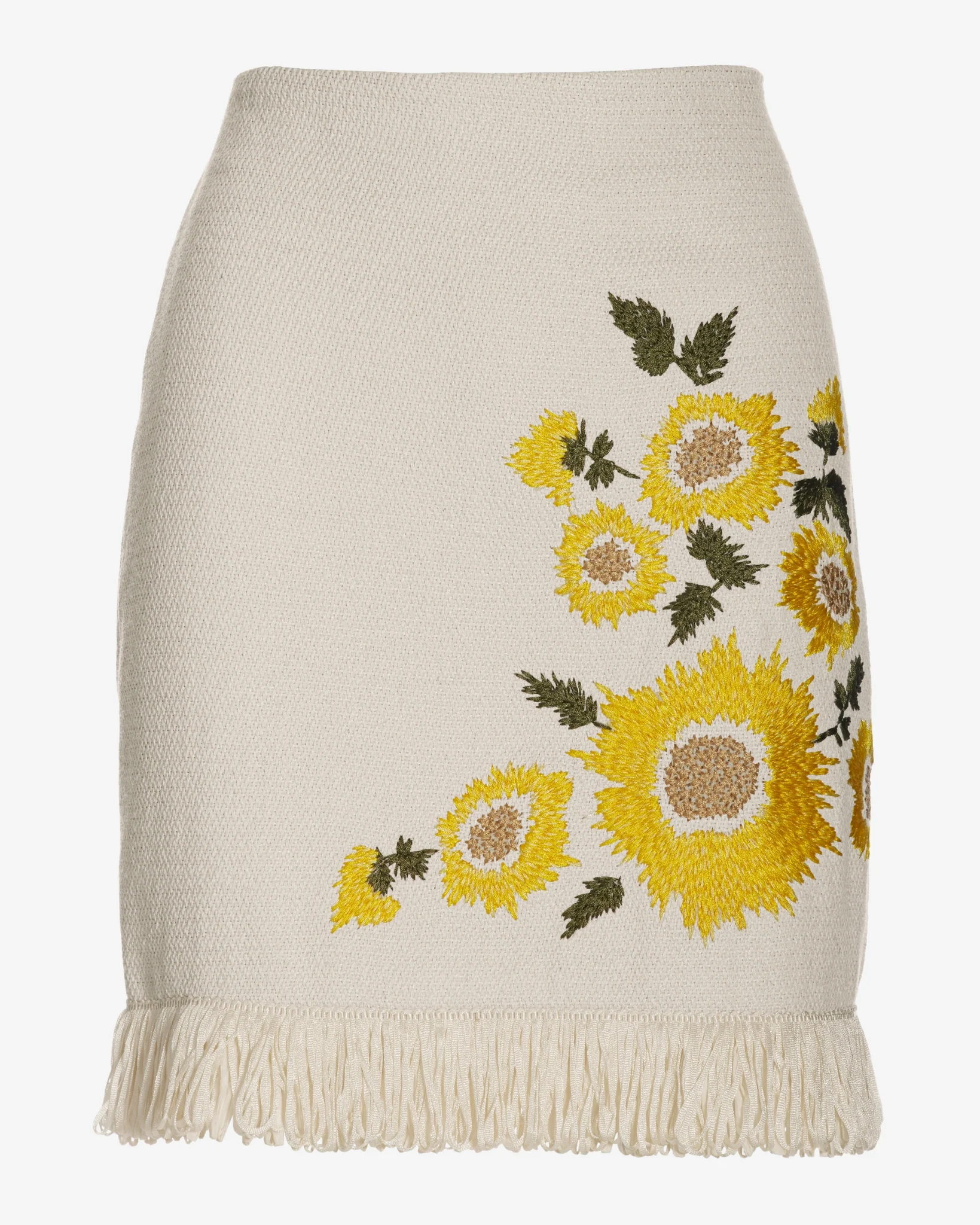 Floral Embroidered Raffia Fringe Mini Skirt Natural Multi - Mycitystee